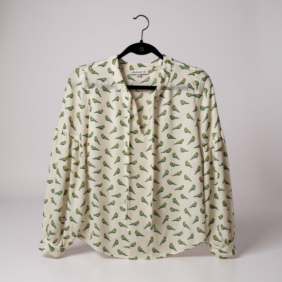 Rose +‎ Olive bird themed long sleeved blouse S - Picture 1 of 7
